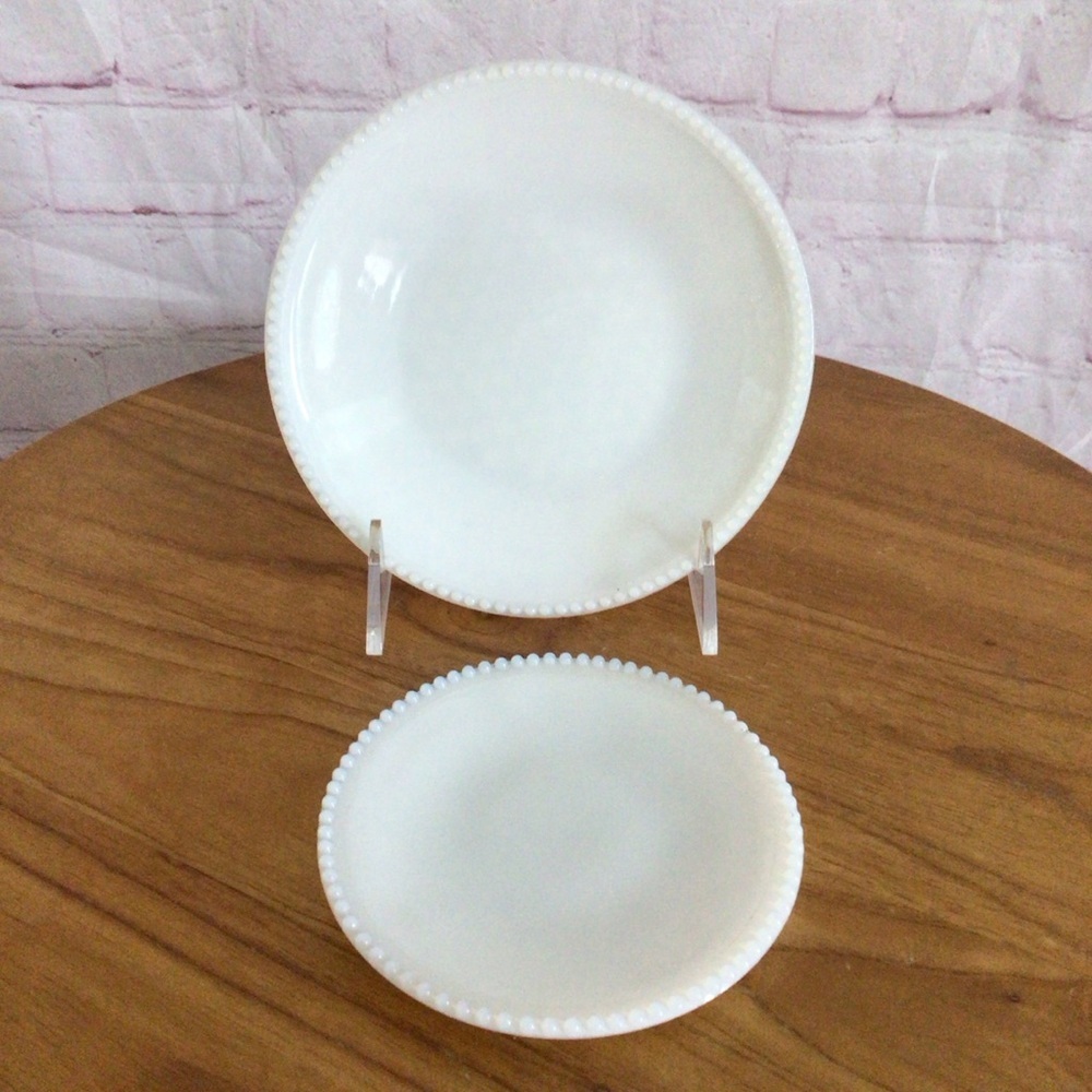Vintage White Milk Glass Beaded Edge Hobnail Dishes - Set of 2